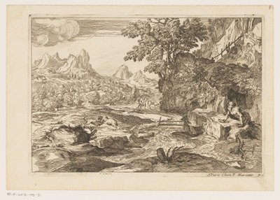 Landschap met de heilige Hiëronymus met twee vechtende leeuwen door Moise Jean Baptiste Fouard
