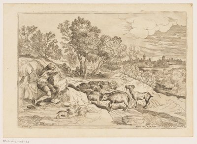 Landschap met drie rustende herders bij een kudde door Moise Jean Baptiste Fouard