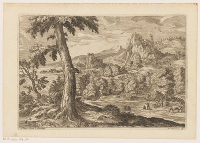 Landschap met figuren langs een rivier door Moise Jean Baptiste Fouard