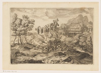 Landschap met herders met een kudde bij een ruïne door Moise Jean Baptiste Fouard