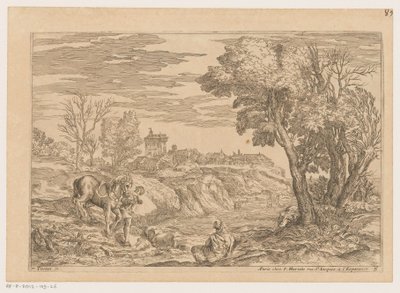 Landschap met man met paard een rivier overstekend door Moise Jean Baptiste Fouard