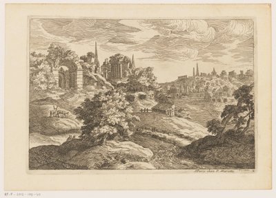 Landschap met ruïnes en herten door Moise Jean Baptiste Fouard