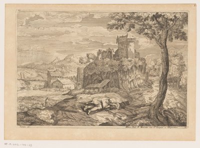 Landschap met rustende herder, op de achtergrond een rivier met brug en watermolen (Landschappen naar Titiaan) door Moise Jean Baptiste Fouard