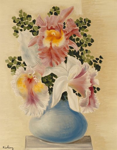 Blauwe vaas met orchideeën; blauwe vaas met orchideeën door Moise Kisling