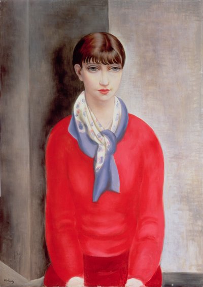 Kiki de Montparnasse in een rode trui en een blauwe sjaal door Moise Kisling