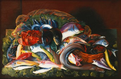 Groot stilleven met vissen; Grande Nature Morte aux Poissons door Moise Kisling