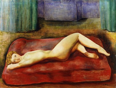 Naakt op rood bed; Nu au Lit Rouge door Moise Kisling