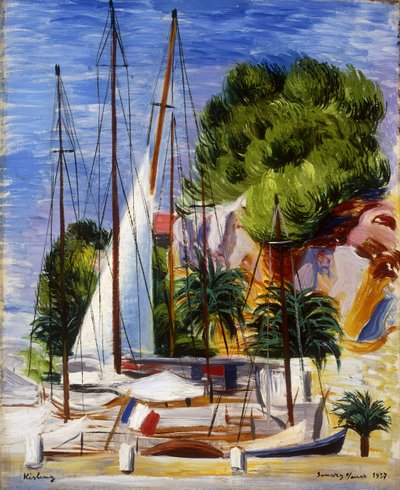 Zeilboten in de haven van Sanary; Voiliers dans le Port de Sanary door Moise Kisling
