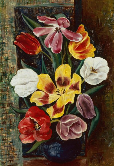 Vaas met tulpen (olieverf op doek) door Moise Kisling