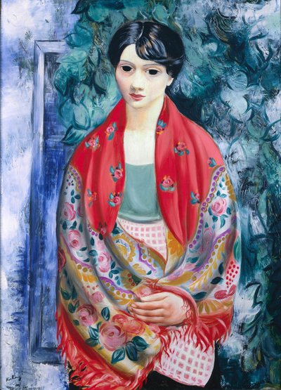 Vrouw met Poolse sjaal (olieverf op doek) door Moise Kisling