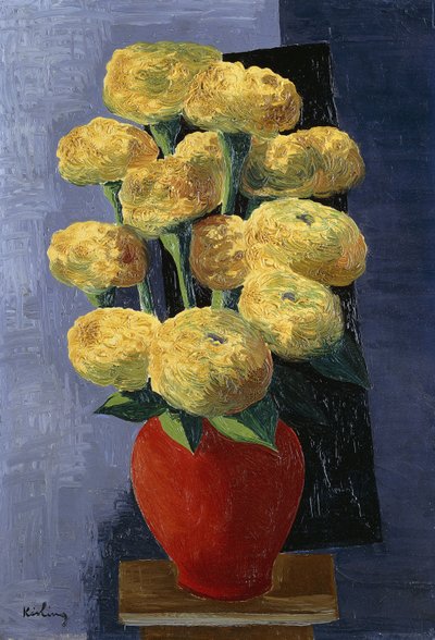 Gele bloemen in een rode vaas; Fleurs Jaunes dans un Vase Rouge door Moise Kisling