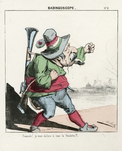Vliegend blad, nummer 5, satirisch in kleuren, circa 1870: Badingoscoop - Commune van Parijs/Oorlog/Belegering, Jacht, President van de Republiek - Napoleon III - Illustratie door Moloch (1849-1909) door Moloch