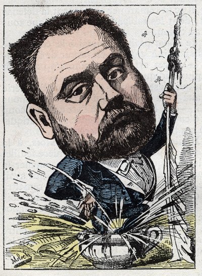 Portret van Emile Zola, Franse schrijver in Le Trombinoscope door Touchatout, karikatuur door B. Moloch van 1882. Privécollectie door Moloch
