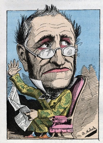 Allegorie van een 19e-eeuwse curator in "Le Trombinoscope" door Touchatout, cartoon door B. Moloch van 1882. Privécollectie door Moloch