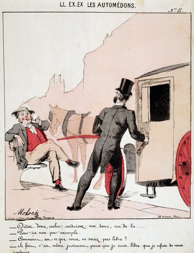 HE. EX. EX. Motoredons: Cartoon over vervoer in de stad. Een bourgeois vraagt een koetsier om hem naar een straat te brengen en is verbaasd dat hij weigert omdat hij vrij is vraagt hij waarom. De chauffeur zegt dat het juist omdat hij vrij is in zijn keuze door Moloch