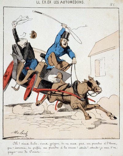 HE. EX. EX. Motoredons: Cartoon over vervoer in de stad. Een koetsier leidt een bourgeois met volle vaart door de stad onder het voorwendsel dat hij weigert hem op tijd te betalen maar hem wil betalen voor de race. Tekening door Moloch (1849-1909), rond 18 door Moloch