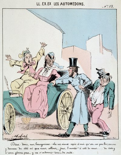HE. EX. EX. Motoredons: Cartoon van transport in de stad. Een koetsier neemt een dronken vriend mee in de koets naast twee geschrokken bourgeois vrouwen. Tekening door Moloch (1849-1909), rond 1860. door Moloch