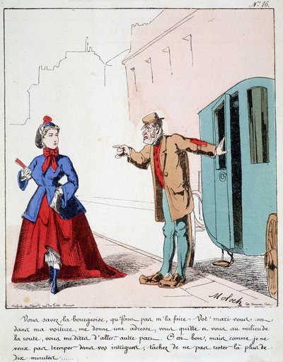 HE. EX. EX. Motoredons: Cartoon van transport in de stad. De koetsier berispt een bourgeois die naar het park gaat terwijl haar man de chauffeur vroeg haar naar een andere plaats te brengen. Tekening door Moloch (1849-1909), rond 1860. door Moloch