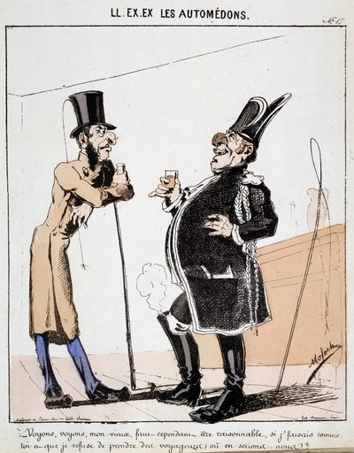 HE. EX. EX. Motoredons: Cartoon van transport in de stad. Twee koetsiers praten over een glas alcohol in plaats van passagiers te nemen. Tekening door Moloch (1849-1909), rond 1860. door Moloch