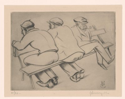 Drie mannen op een bank door Mommie Schwarz (signed by artist)
