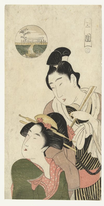 Man en vrouw denkend over bezoek aan Mimeguri door Momokawa Chôki (attributed to)