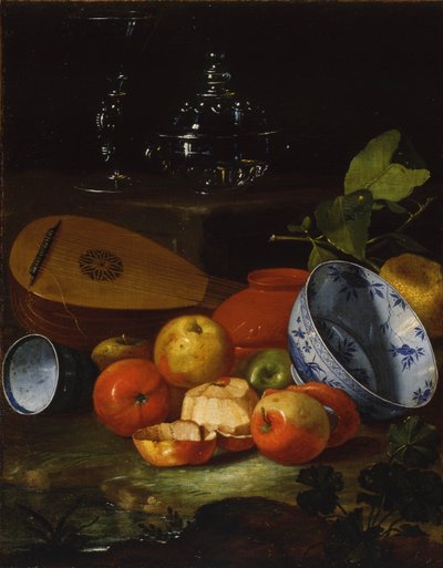 Mandoline, kop en kom, porselein, appels, 1706 door Monari