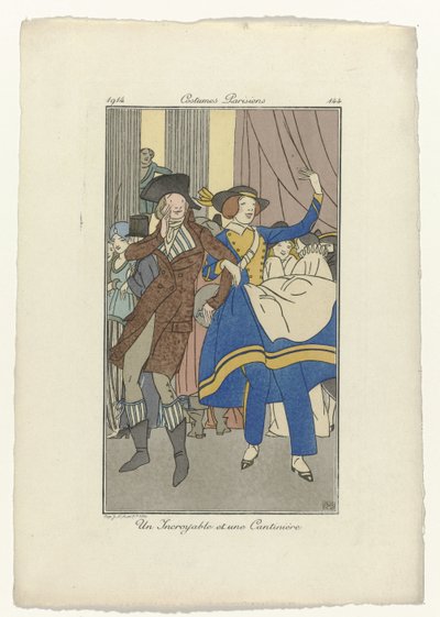 Journal des Dames et des Modes, Parijse Kostuums, 1914, No. 144: Een Incroyable en een Cantinière door Monogrammist BMB