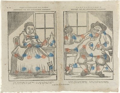 Trijn Antijddorst, Geb: Koffijlief. / Hoofdvrouw van het koffijzusters gezelschap. / Hans Altyddorst. / Hoofdman van het bierdrinkers gezelschap door Monogrammist B (prentmaker)