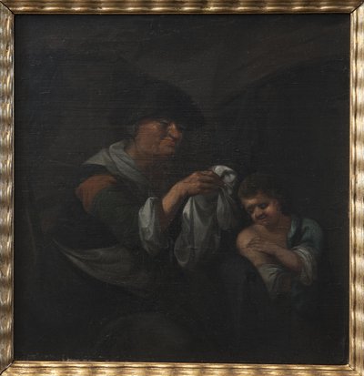 Oude dame inspecteert het linnen van een jongen door Monogrammist Bijs