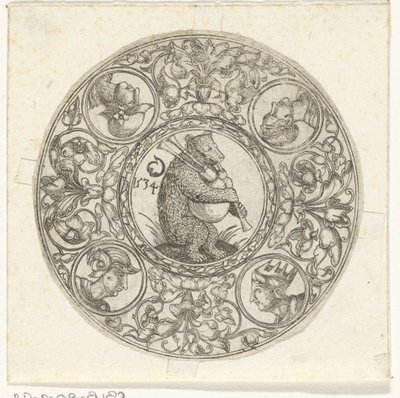 Rond blad met beer die de doedelzak bespeelt door Monogrammist CG (Duitsland)