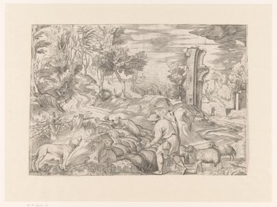 Landschap met herder en kudde schapen door Monogrammist DB (etser 16de eeuw)