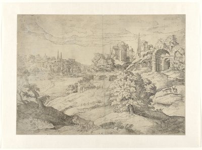 Weids landschap met klassieke tempels door Monogrammist DB (etser 16de eeuw)