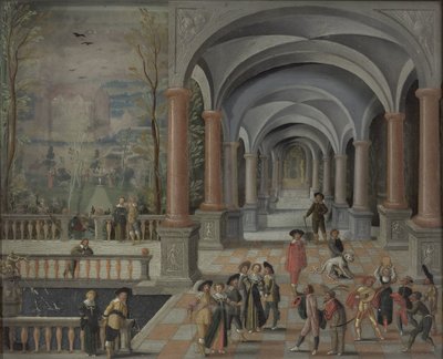 Feestelijke bijeenkomst en figuren uit een Commedia dell