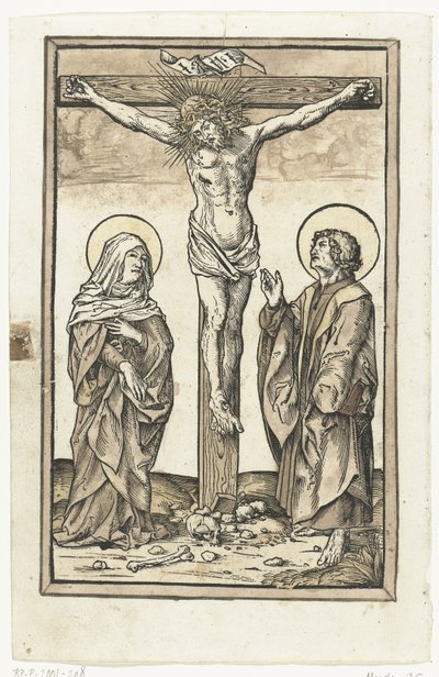 Christus aan het kruis, met Maria en Johannes door Monogrammist DS (graveur) (attributed to)