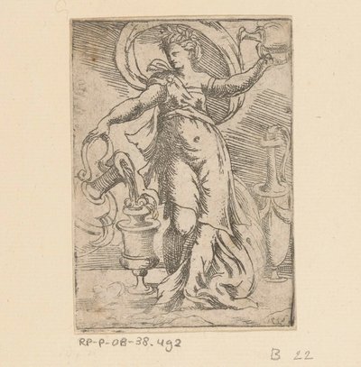 Vrouw met kannen en kruiken door Monogrammist FP (Italië; 16e eeuw)