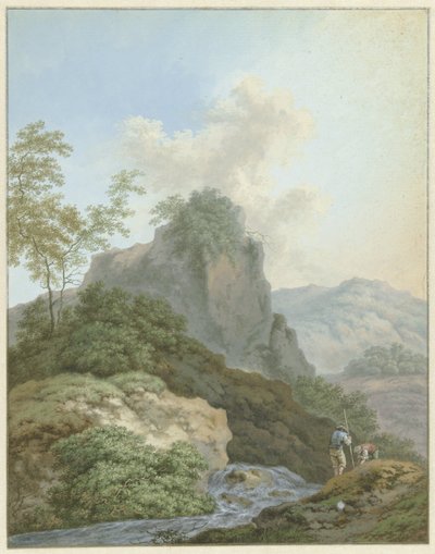 Landschap met twee jongens bij een beek door Monogrammist FWH (possibly)