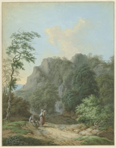 Landschap met zittende man en staande vrouw door Monogrammist FWH (possibly)