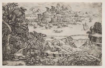Landschap met een tempel boven een meer door Monogrammist HI