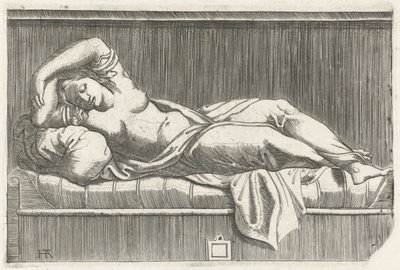 Cleopatra halfnaakt liggend op bed door Monogrammist HTA