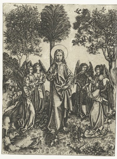 Christus in de wildernis met engelen door Monogrammist IE