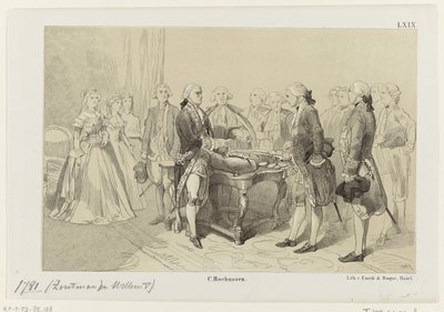 Willem V vereert de helden van de zeeslag bij Doggersbank, 1781 door Monogrammist IHM