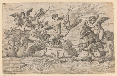 Venus op een strijdwagen door twee zwanen voortgetrokken door Monogrammist IQV