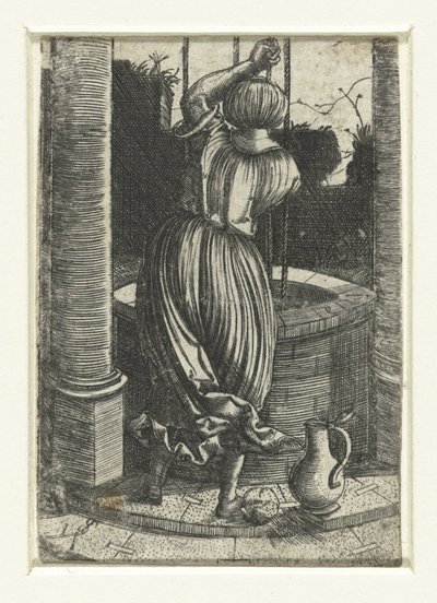 Vrouw bij een waterput door Monogrammist IS (graveur)
