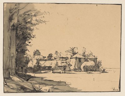 Studie van een boerderij met drie hooischelven door Monogrammist JHR