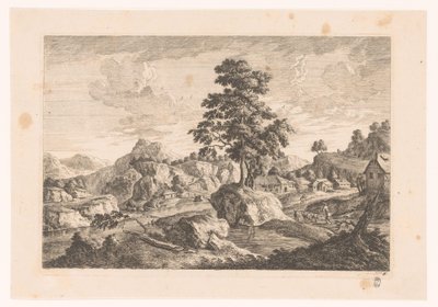 Bergachtig landschap met huizen door Monogrammist MEG