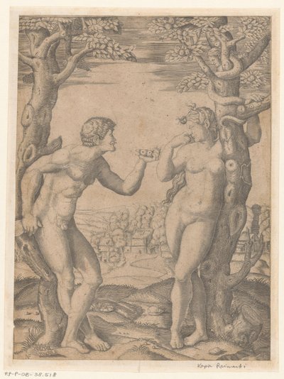 Zondeval van Adam en Eva bij boom van kennis van goed en kwaad met slang door Monogrammist NF (graveur)