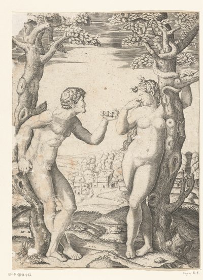 Zondeval van Adam en Eva bij boom van kennis van goed en kwaad met slang door Monogrammist NF (graveur)