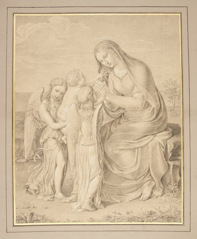 Maagd Maria aanbidt het Christuskind, gedragen door twee engelen door Monogrammist OSt