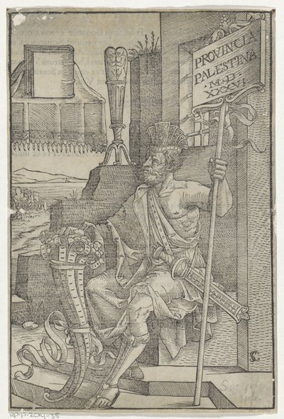Zittende Romein met een zwaard, een hoorn en een bord met 