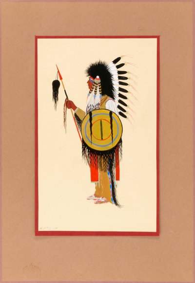 Cheyenne Krijger in Veren Hoofdband met Schild, ca. 1915-1937 door Monroe Tsatoke